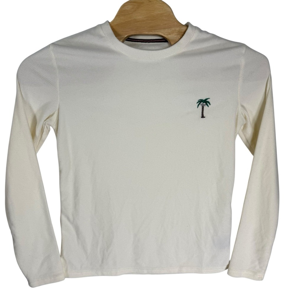 Public Record Men Small Ivory Palm‎ Tree/Skulls Waffle Knit Crewneck Shirt